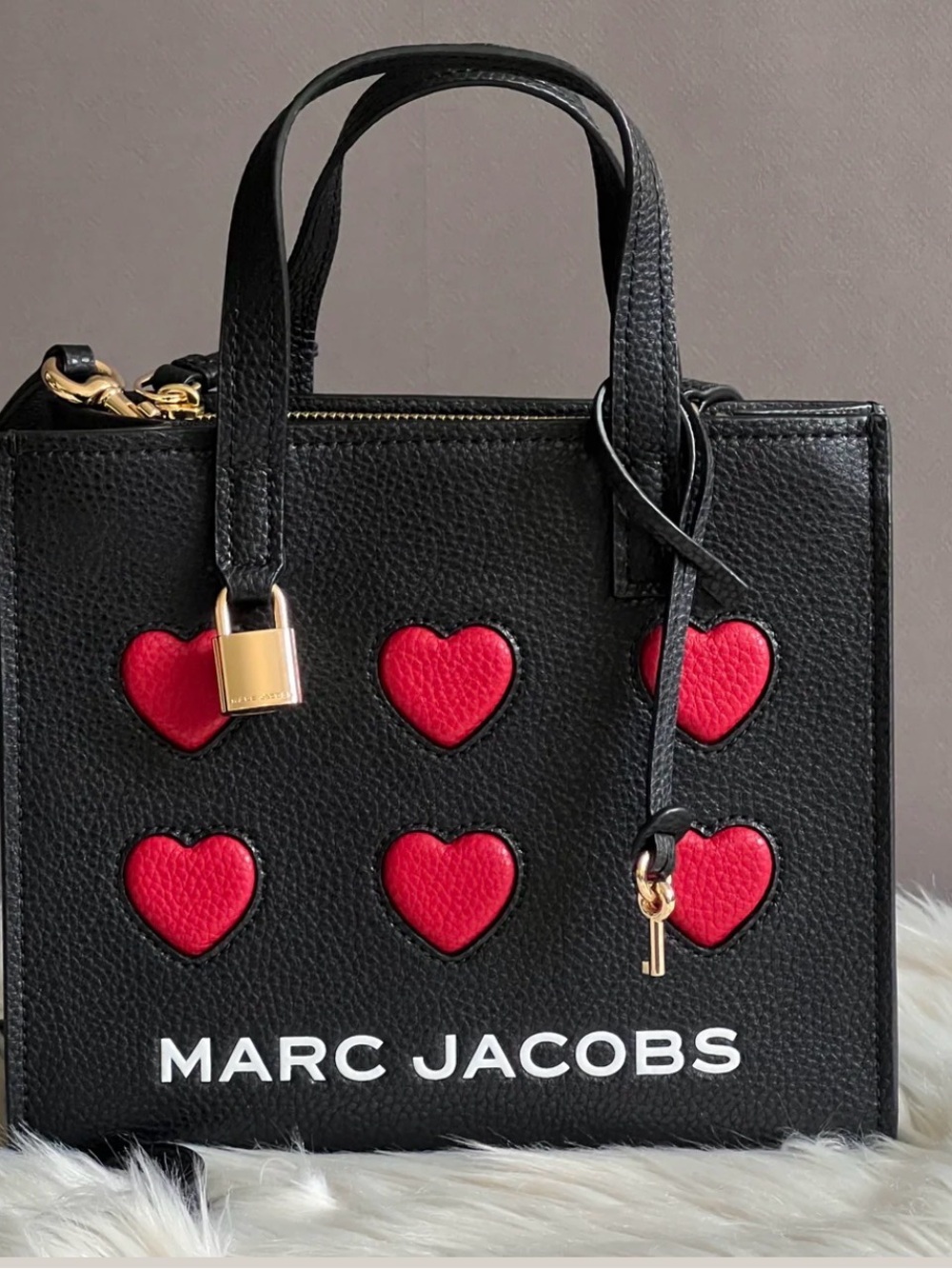 Marc Jacobs Black Leather Satchel with Red Heart Appliqués
